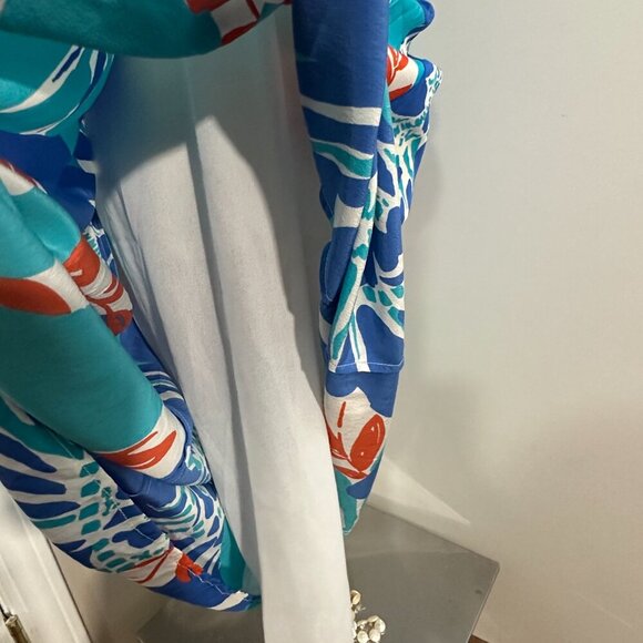 Sleeveless Silk-Inspired Dress with Blue & Orange Botanical Pattern (SIZE 6) - Picture 12 of 16